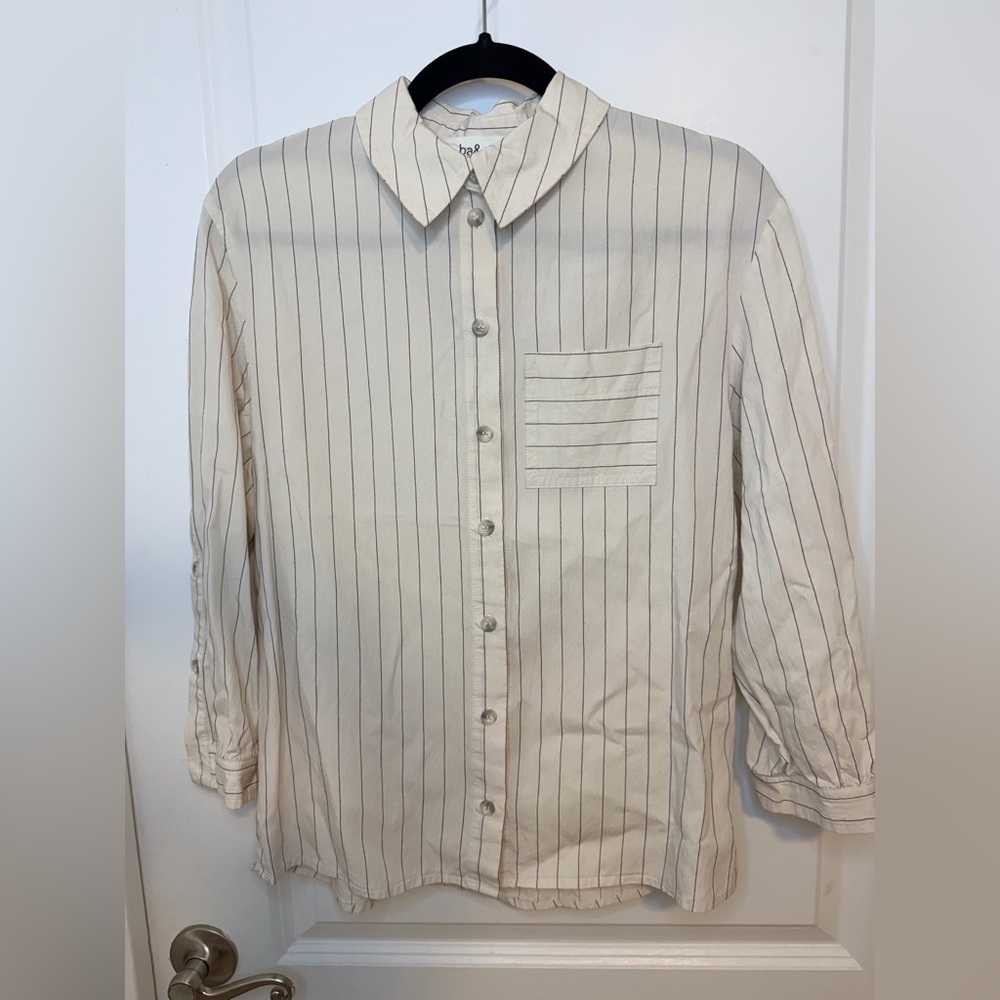 ba&sh Women’s Cream Striped Button Down Shirt with buttons on sleeves